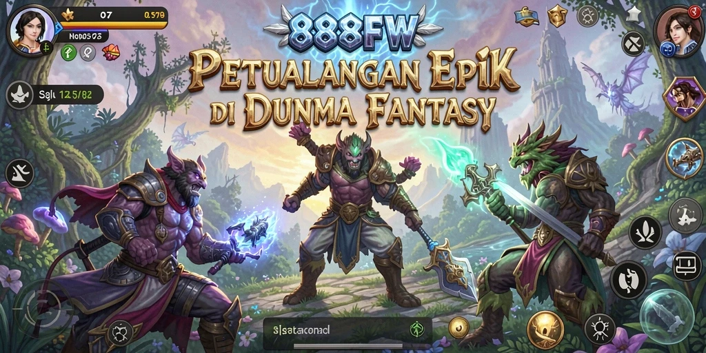 Screenshot utama 888FW menampilkan aksi seru karakter dalam petualangan RPG.