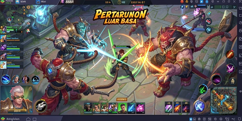 Tampilan layar permainan <strong>888R</strong> yang menampilkan aksi seru di arena MOBA.