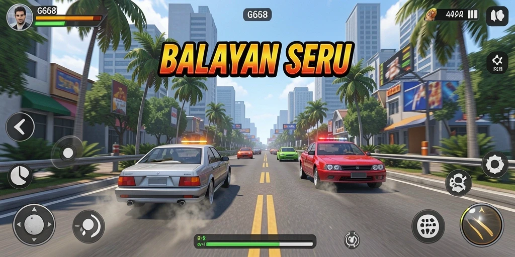 Tampilan gameplay G668 dengan mobil yang melaju kencang di lintasan balap.