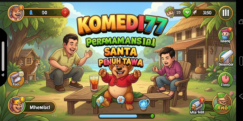 Tampilan gameplay KOMEDI77 yang penuh warna dan humor.
