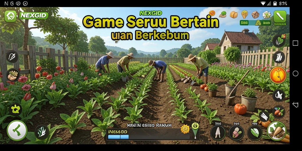 Screenshot gameplay NEXGID menampilkan ladang subur dan berbagai tanaman.