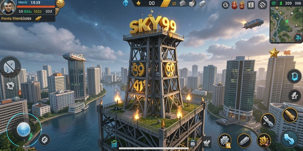 Screenshot SKY99 menunjukkan gameplay menara pertahanan yang intens dan strategis.