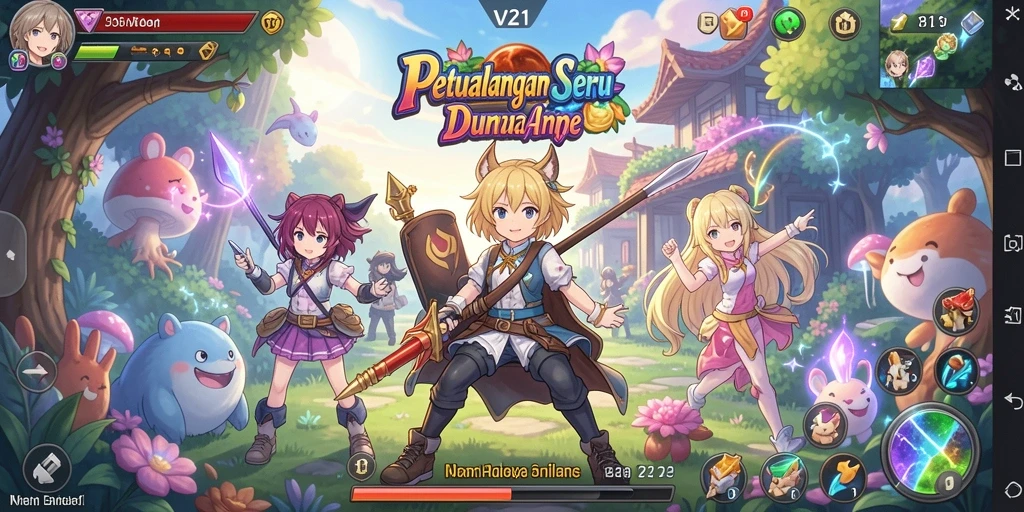 Tampilan gameplay V21 yang penuh aksi dalam dunia anime.