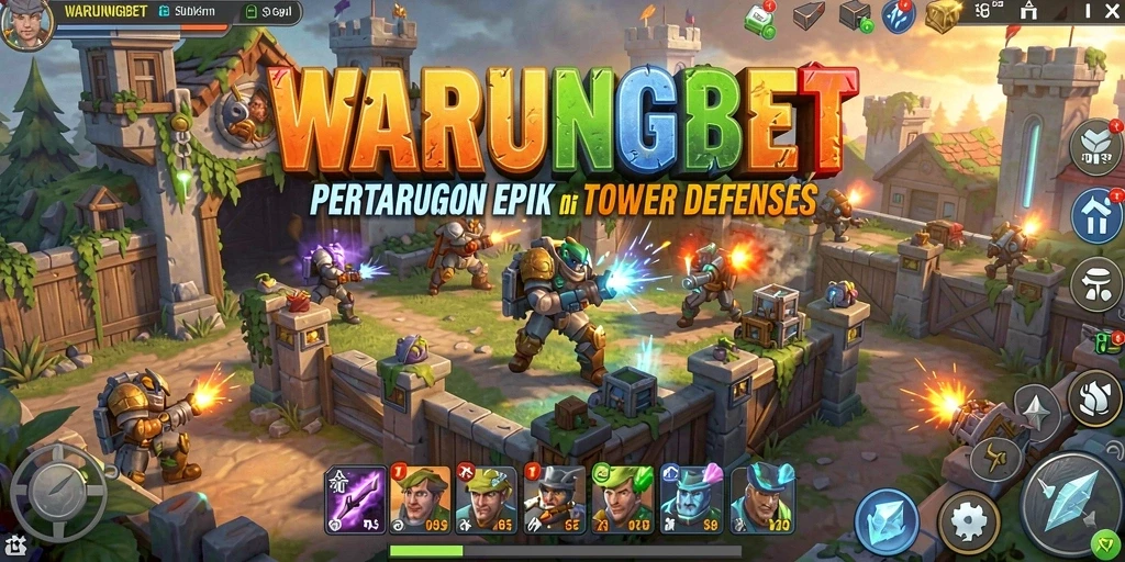 Tangkapan layar <strong>WARUNGBET</strong> menunjukkan pertarungan menara yang intens dalam Tower Defense.